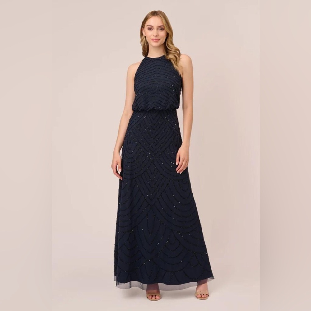 Adrianna Papell SZ 4 NWT Navy Beaded Halter Gown MOB Formal Art Deco Evening